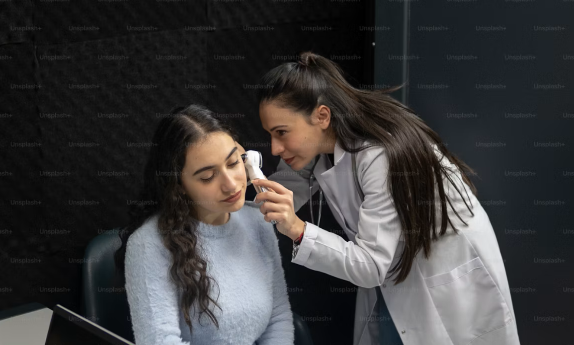 Doctor examining a patient's ear with medical instruments